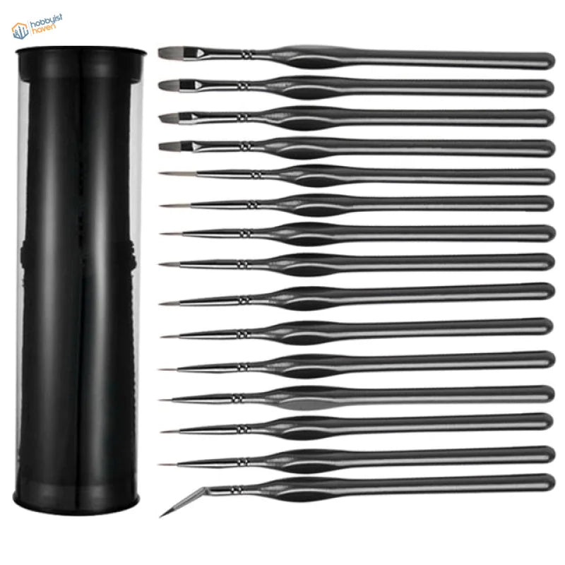15pcs precision brush set with black metal handles and holder