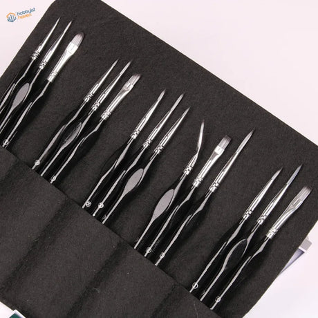 15pcs precision brush set with black-handled brushes in holder