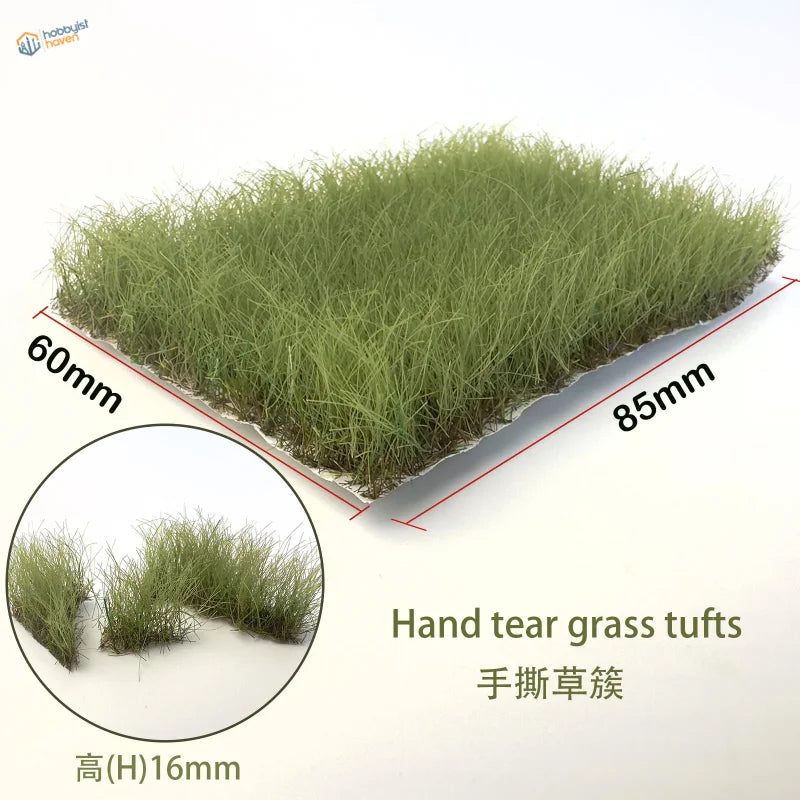 16mm static grass tufts: hand-torn green grass, 60x85mm, 16mm height