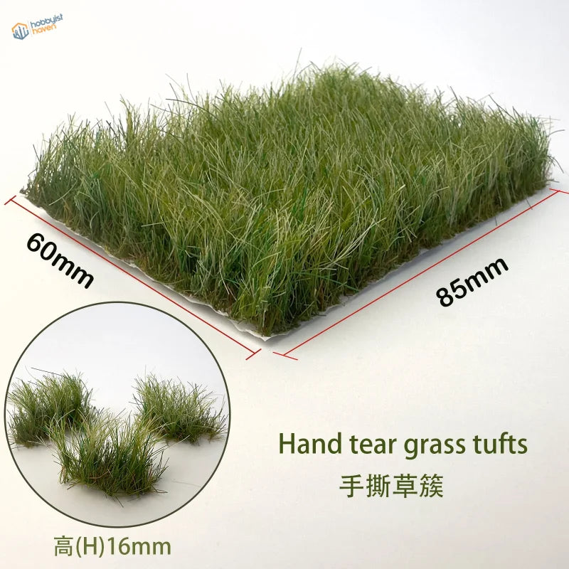 16mm static grass tufts: green hand-teared grass, 60mm by 85mm, 16mm height