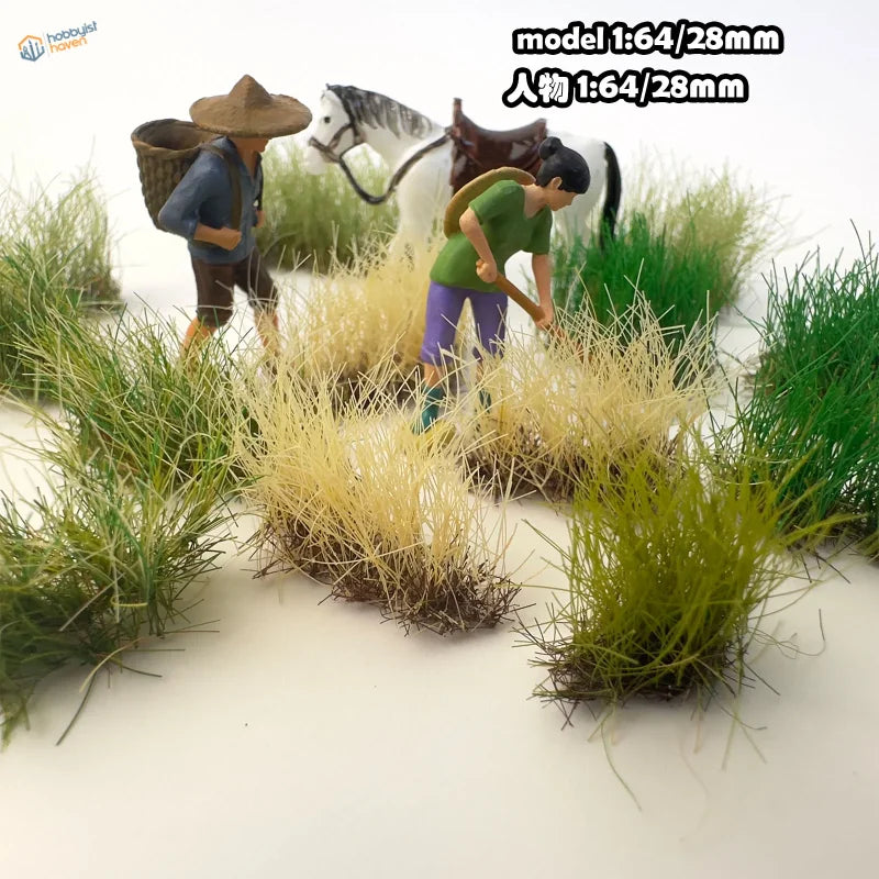 16mm static grass tufts in 1:64 diorama with figurines and white horse