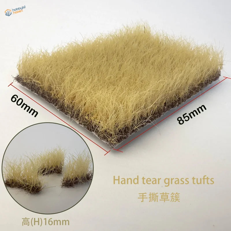 16mm static grass tufts: hand-torn pale yellow synthetic tuft