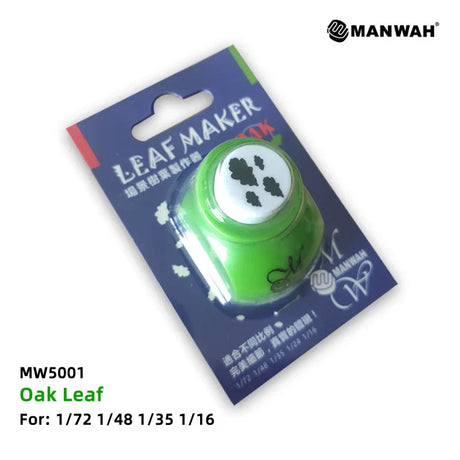 Tree leaf maker green plastic leaf punch tool with oak leaf cutouts in blue card