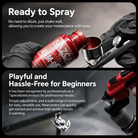 Red paint being poured into an airbrush cup, ready-to-spray water-based paint