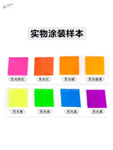 Eight vibrant fluorescent lacquer paint samples in pink, orange, yellow, green, blue, purple