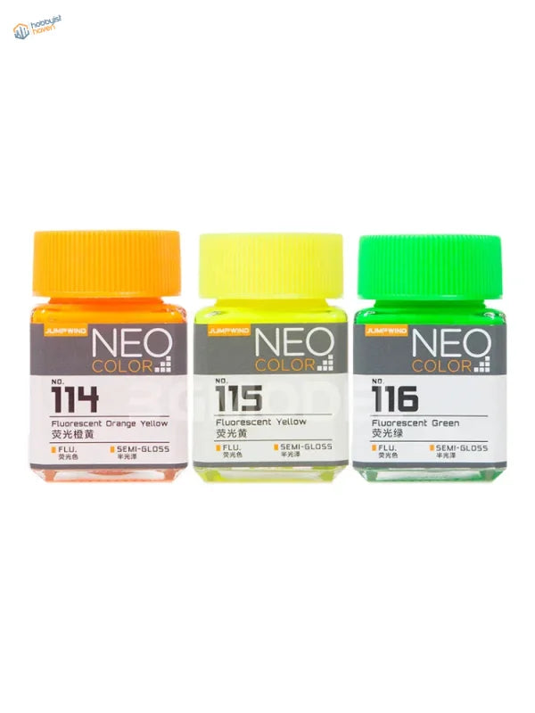 Three 18ml fluorescent lacquer paints: orange yellow 114, yellow 115, green 116