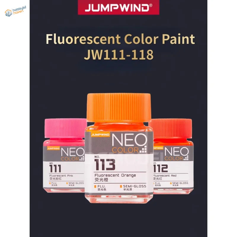 Three Jumpwind 18ml fluorescent lacquer paints in pink, orange, red