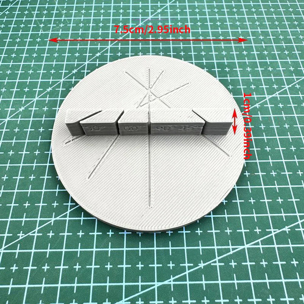 Gray 3D-printed circular base of 3D-printed multi-angle cutting aid with three rectangular magnetic segments
