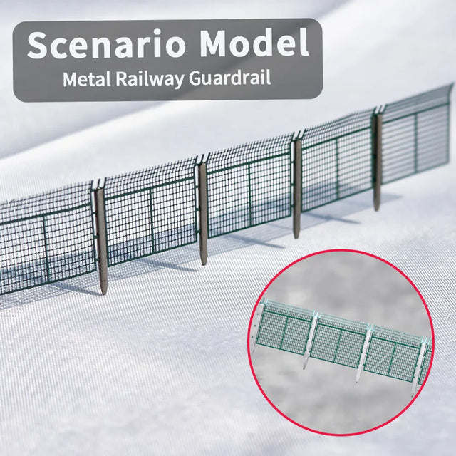 Green metal n scale metal railway guardrail with authentic mesh-panel design and vertical posts safety fence set