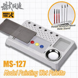 Gray plastic wet palette with built-in metal bowl, three colored buttons, and brush holder for mo shi tools model painting