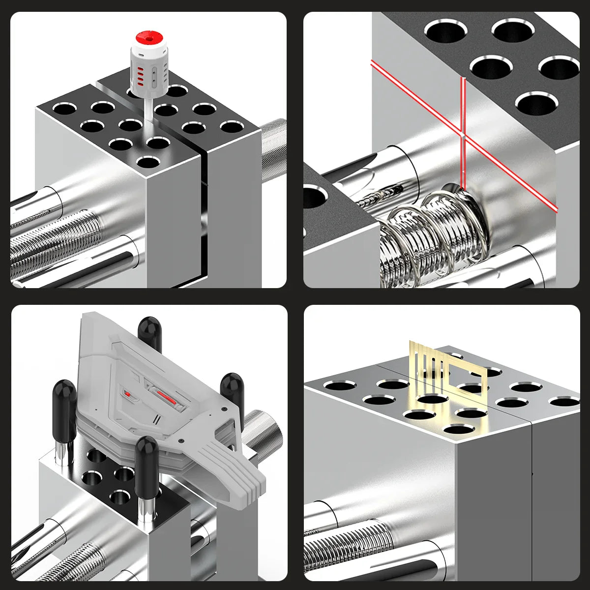 Silver industrial-grade plastic and metal injection molding machine with red laser guide for precision bench vise and small parts