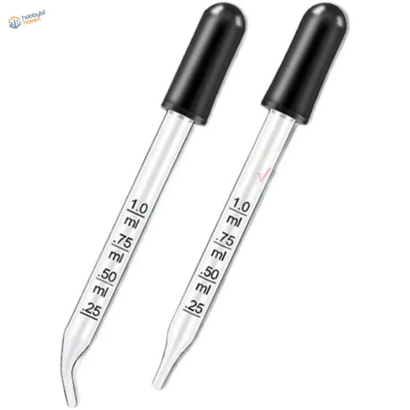 Two 1ml graduated glass pipettes with black rubber tips and ml markings