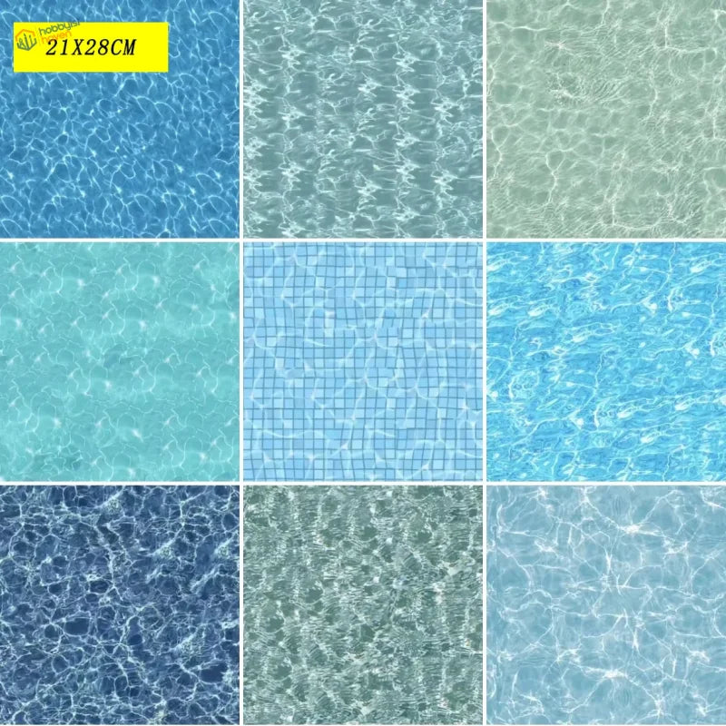 9 water surface pattern stickers in blue-green ripples and tiles