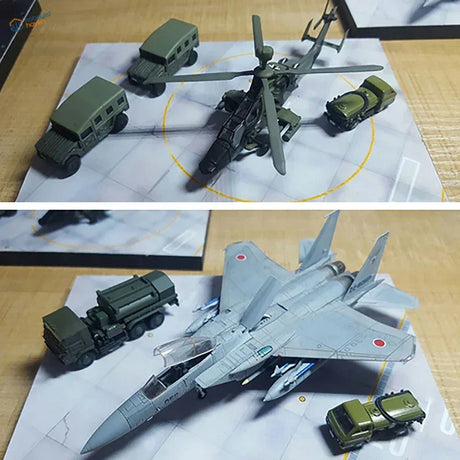 Grayscale F-15J Eagle on realistic runway base with trucks
