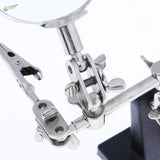 Silver-toned 2.5x magnifying glass with alligator clips for soldering scale modeling