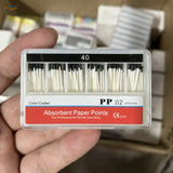 200pcs 0.02 taper absorbent paper points in clear container labeled pp.02