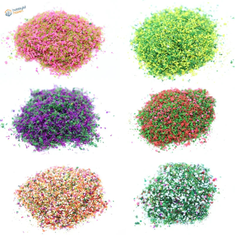 Six 20g flowery tree powder piles of pink green dried miniature flower grasses