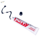20g quick-drying putty tube in white with black cap, red lettering, dark adhesive squeezed out