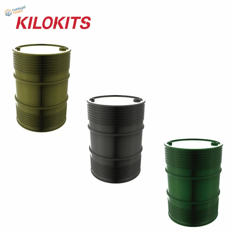 Three 1/35 olive green scale modeling drums with ribbed sides