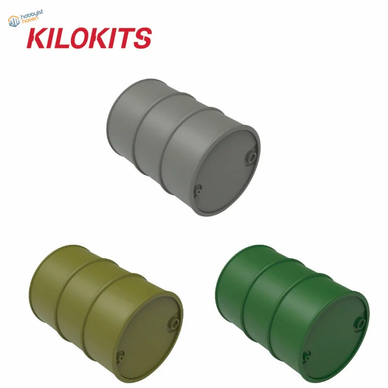 Three 1/72 gray, olive, forest green ribbed metal drums for model making accessories