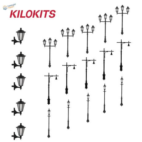 Black vintage-style street lamps and wall-mounted lanterns from kilokits 20pcs 1/72 set ideal for scale modeling tools and precision hobby tools