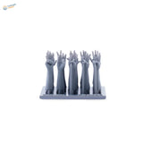 Gray 1/35 3D-printed raised hands figurine set on base for scale modeling tools