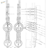 Technical diagram of 20pcs 4–8mm deadeyes: rope pulley with labeled seizing, eye seam, sheave