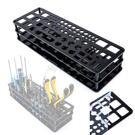Black acrylic holding shelf with 63 holes for scale modeling tools organized