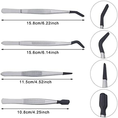 4 tweezers with rubber tips set, stainless steel with black rubber tips