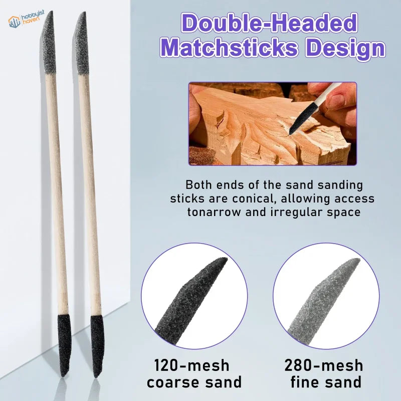 Double-headed sanding sticks with 120-280 mesh conical tips for tight spaces
