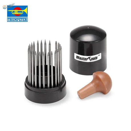 Mastertools rivet punch set in black cylindrical case with plastic parts