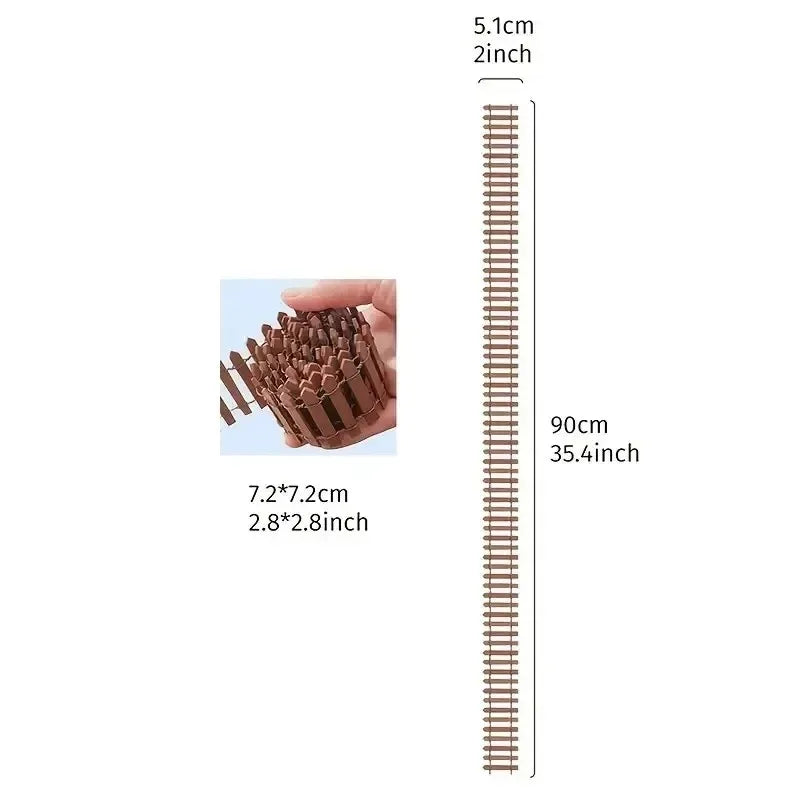 Brown plastic miniature wooden picket fence with 90cm long slats designed for garden and diorama decoration