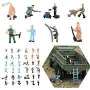 Set of 40 miniature plastic figurines in various uniforms and poses, including construction workers, soldiers, and laborers.