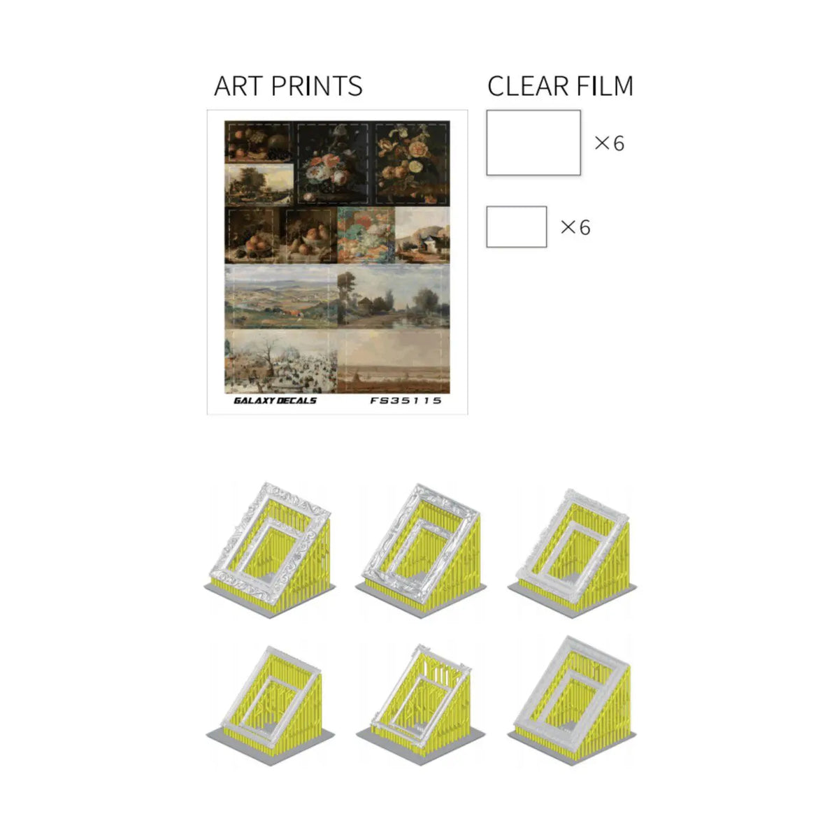 Sheet of art prints, six clear film pieces and the 3D printed frame parts on their print supports
