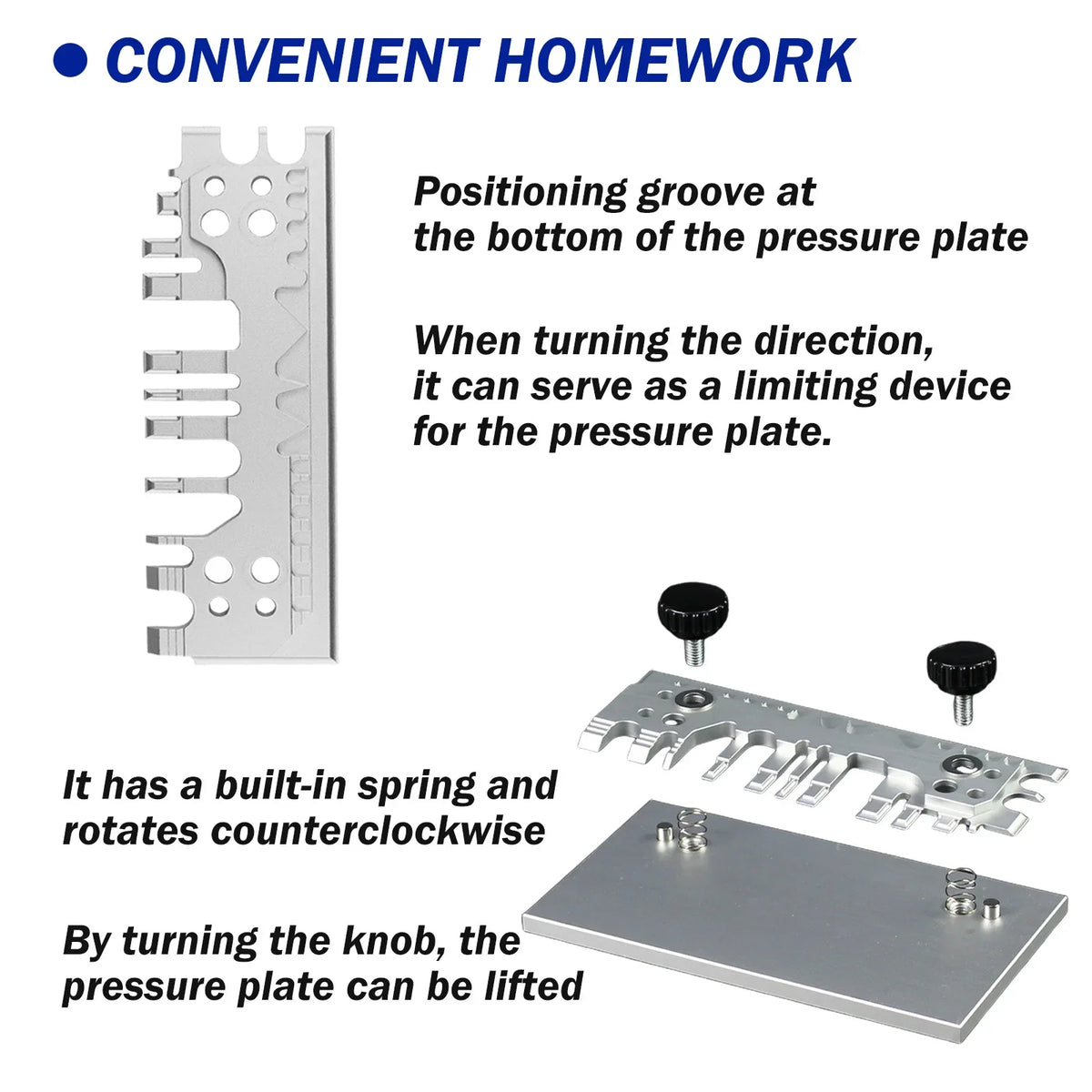 Silver metal pressure plate router table with adjustable knobs and grooves for precision bench vise control in Joystar bender