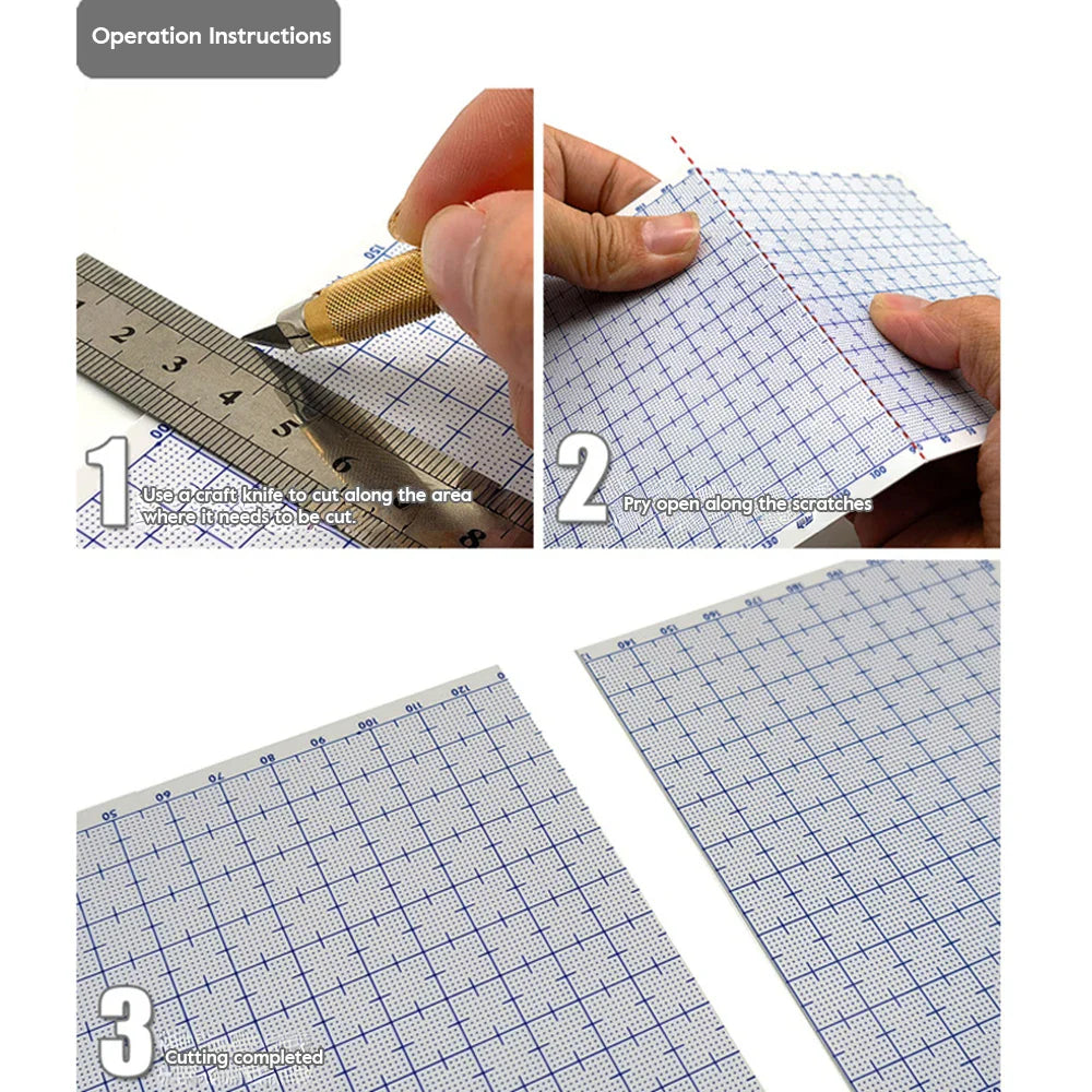 Blue abs plastic modeling sheets with white grid markings and dotted crosshairs for precise crafting on cutting mat