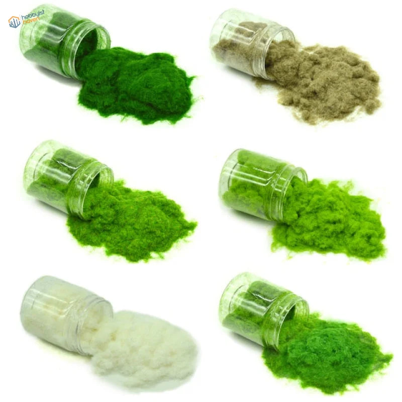 2mm static grass powder in green, brown, white fluffy fiber jars