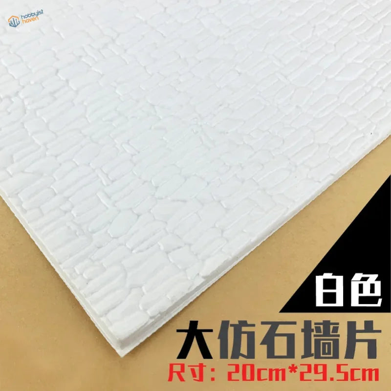 White faux stone roof simulating PVC panel with textured brick pattern