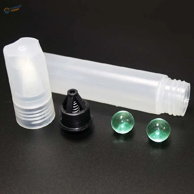 Transparent water bottle with black cap, green marbles for 3-10mm refillable pens