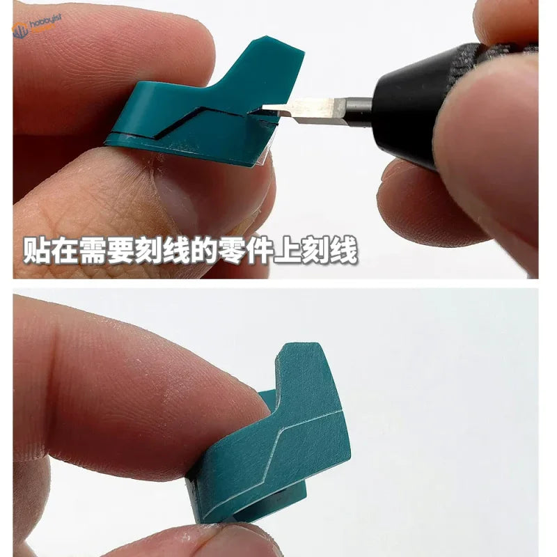 Teal plastic model part with panel lines marked using 6mm transparent scribing tape
