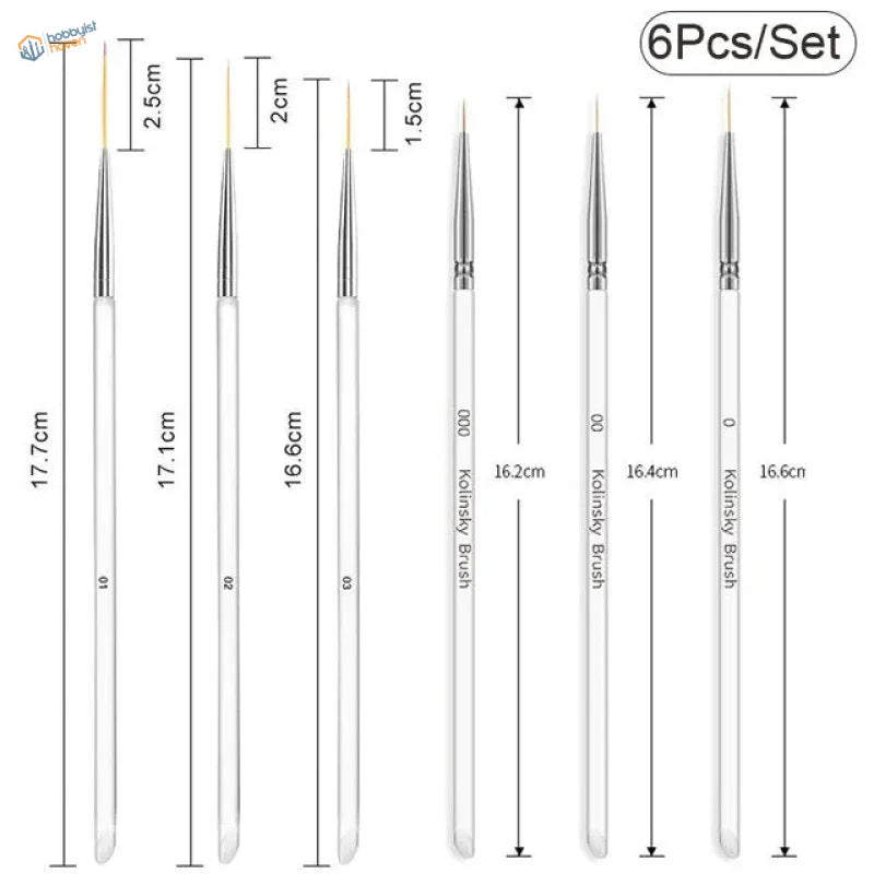 Set of 6 extra-long fine brushes with kolinsky bristles, precision hobby tools