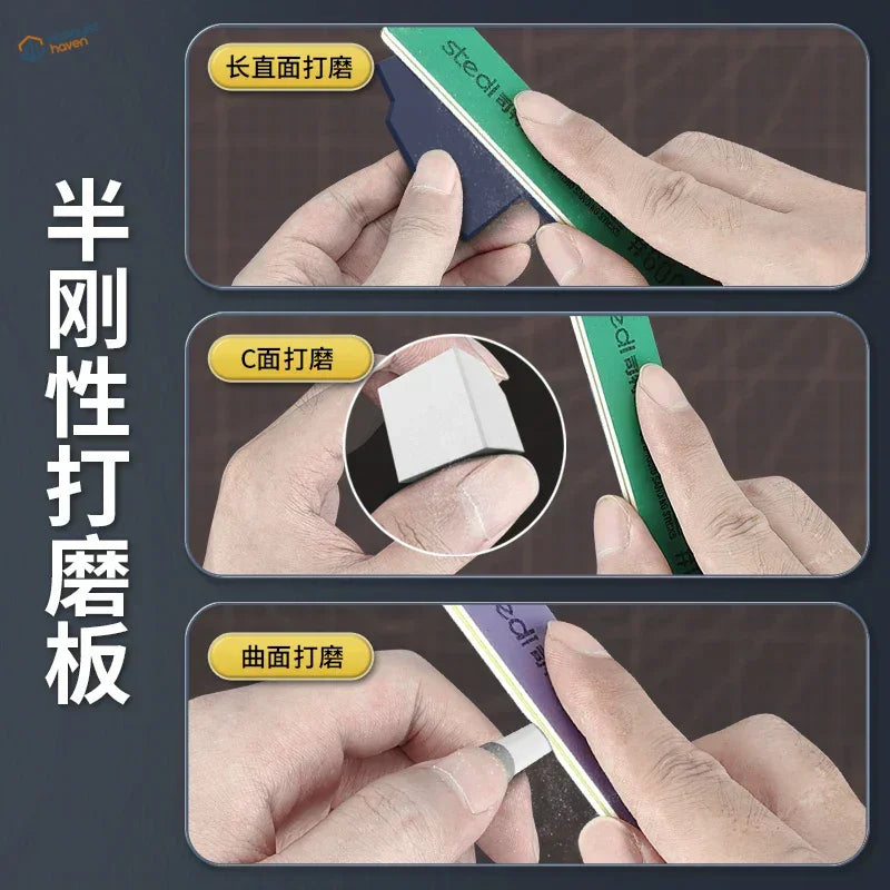 Green and purple semi-rigid sanding sticks with textured abrasive surface