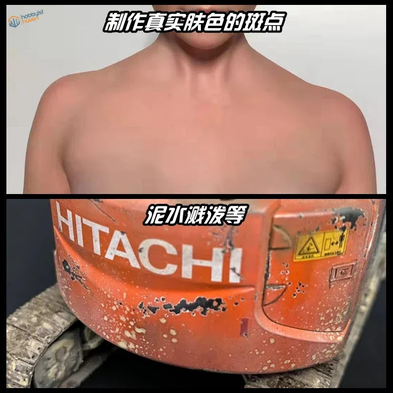 Orange Hitachi excavator bucket with chipped paint, mud splashes, airbrush accessory