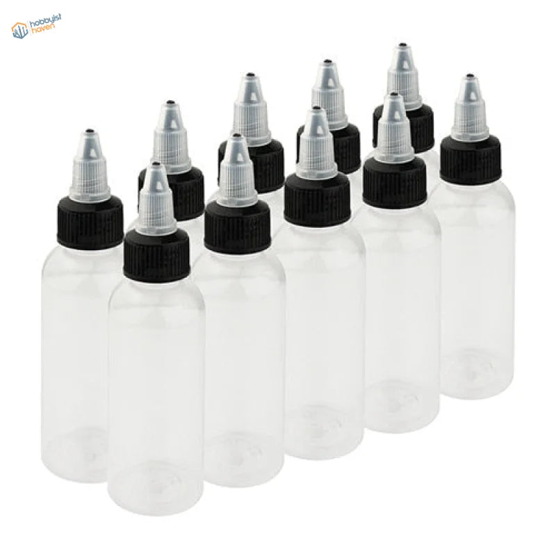 Clear 30-120ml paint mixing bottles with steel mixing ball, black caps, silver droppers