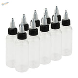 Clear 30-120ml paint mixing bottles with steel mixing ball, black caps, silver droppers