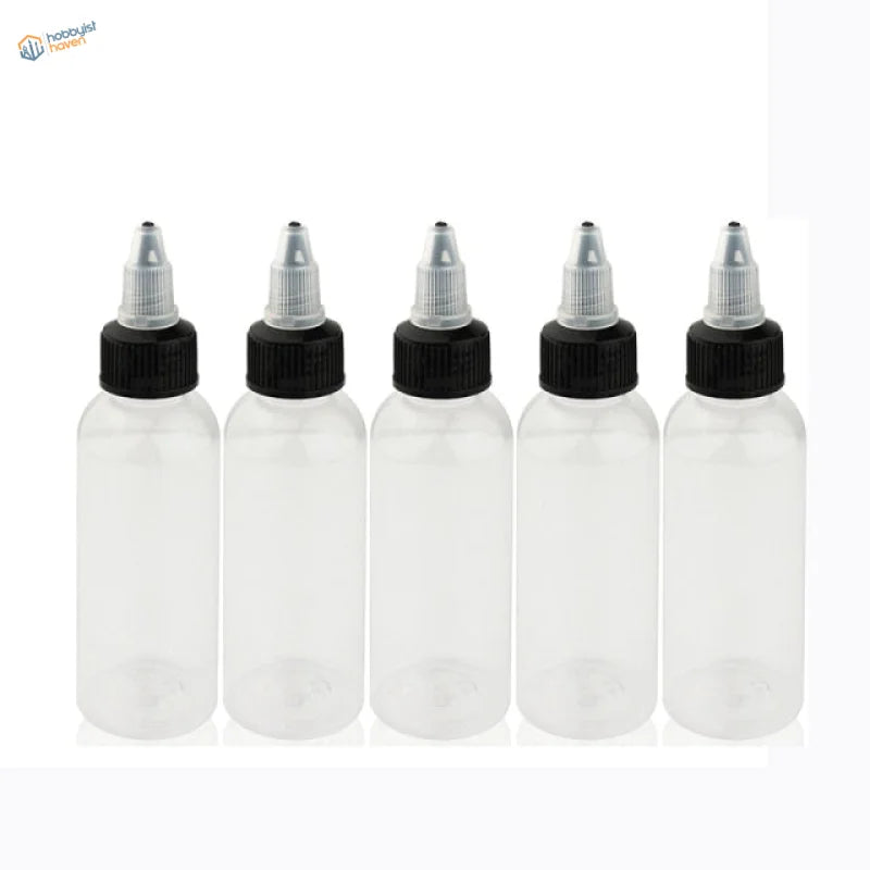 Five 30/60/120ml clear paint mixing bottles with steel mixing ball, black caps, silver droppers