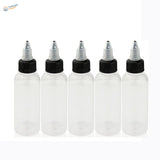 Five 30/60/120ml clear paint mixing bottles with steel mixing ball, black caps, silver droppers