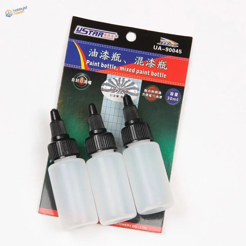 30/60/120 ml paint mixing bottles with steel mixing ball, translucent plastic on card