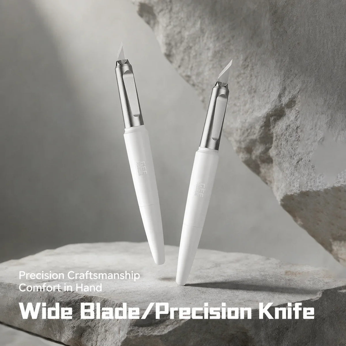 Two white geeHobby precision pen knives with silver replacement blades and ergonomic handles for scale modeling tools