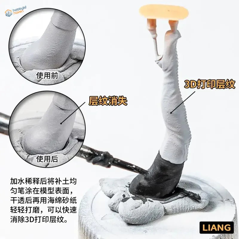 Gray 3D-printed figurine in inverted pose made with 30ml high density water-based putty